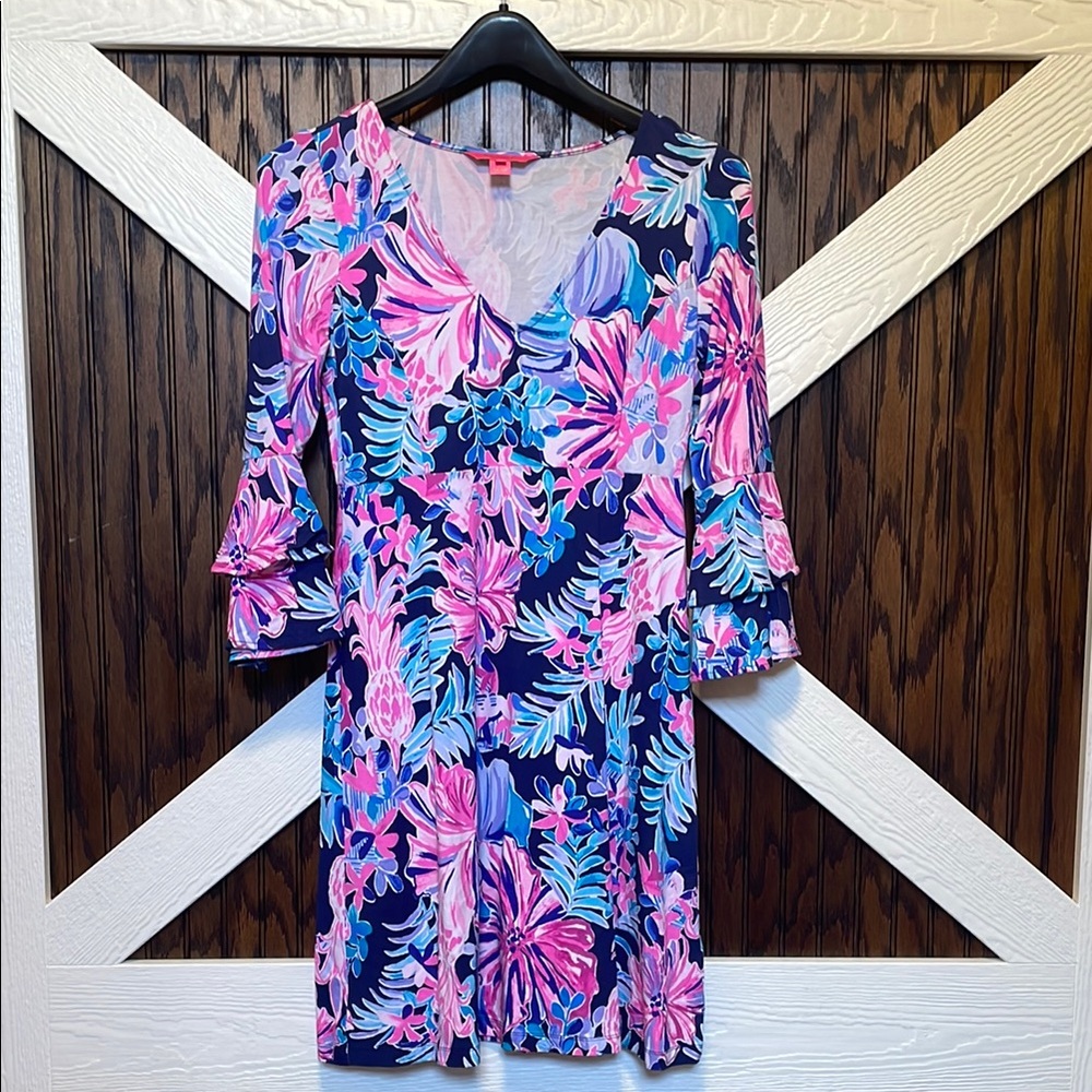 Floral V-Neck Dress with Ruffle Sleeves